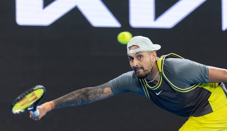 (250113) -- MELBOURNE, Jan. 13, 2025 -- Nick Kyrgios hits a return during the men s singles first round match between Nick Kyrgios of Australia and Jacob Fearnley of Britain at Australian Open tennis tournament in Melbourne, Australia, Jan. 13, 2025. (Photo by Xinhua) (SP)AUSTRALIA-MELBOURNE-TENNIS-AUSTRALIAN OPEN HuxJingchen 