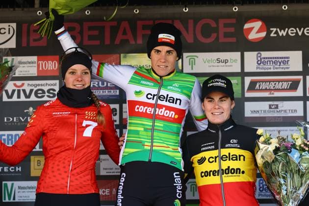 Dutch Aniek Van Alphen, Belgian Sanne Cant and Belgian Marion Norbert Riberolle celebrate on the podium of the women s elite race of the Cyclocross Otegem cycling event, Monday 13 January 2025 in Otegem, the day after the Belgian national cyclocross championships. DAVIDxPINTENS  x110327411x