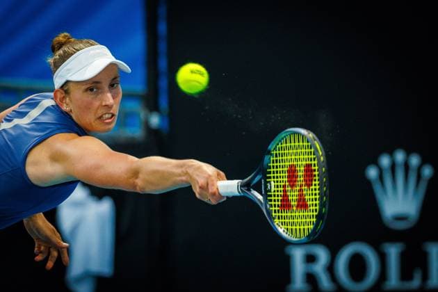 Belgian Elise Mertens pictured in action during a tennis match between Belgian Mertens and Swiss Golubic, in the first round of the women s singles at the Australian Open Grand Slam tennis tournament, Monday 13 January 2025 in Melbourne Park, Melbourne, Australia. The 2025 edition of the Australian Grand Slam takes place from January 12th to January 26th. Mertens won 4-6, 7-6, 6-4. PATRICKxHAMILTON  x110328336x