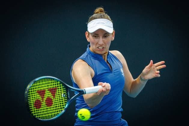 Belgian Elise Mertens pictured in action during a tennis match between Belgian Mertens and Swiss Golubic, in the first round of the women s singles at the Australian Open Grand Slam tennis tournament, Monday 13 January 2025 in Melbourne Park, Melbourne, Australia. The 2025 edition of the Australian Grand Slam takes place from January 12th to January 26th. Mertens won 4-6, 7-6, 6-4. PATRICKxHAMILTON  x110328360x