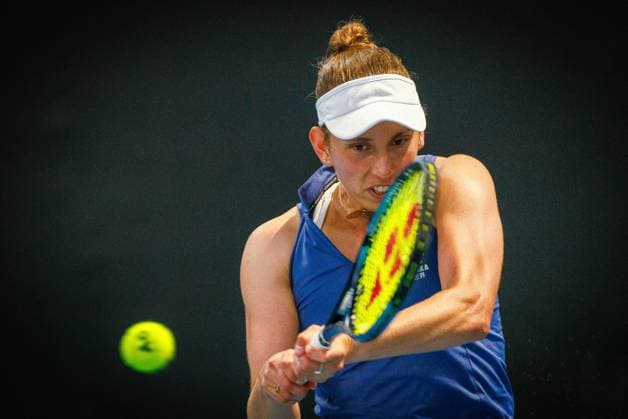 Belgian Elise Mertens pictured in action during a tennis match between Belgian Mertens and Swiss Golubic, in the first round of the women s singles at the Australian Open Grand Slam tennis tournament, Monday 13 January 2025 in Melbourne Park, Melbourne, Australia. The 2025 edition of the Australian Grand Slam takes place from January 12th to January 26th. Mertens won 4-6, 7-6, 6-4. PATRICKxHAMILTON  x110329772x