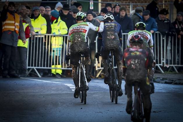 Belgian Laurens Sweeck and Belgian Toon Aerts pictured after the men s elite race of the Cyclocross Otegem cycling event, Monday 13 January 2025 in Otegem, the day after the Belgian national cyclocross championships. DAVIDxPINTENS  x110340711x