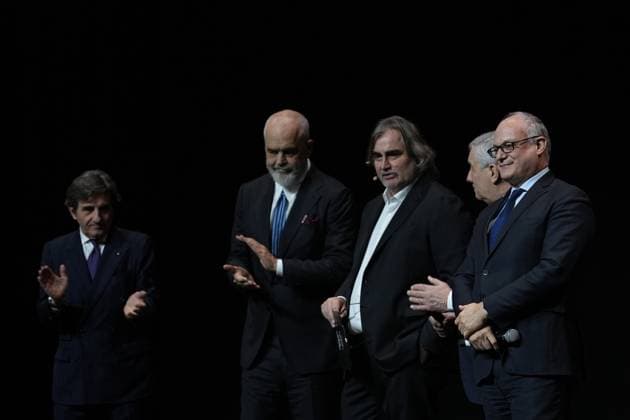 Barbara Pedrotti , Urbano Cairo , Edi Rama Prime Minister of Albania , Pierluigi Pardo , Antonio Tajani , Roberto Gualtieri during the Giro d& x2019;Italia and Giro d& x2019;Italia Women 2025 Presentation - Auditorium Parco della Musica Ennio Morricone in Rome, Italy - Monday , January 13, 2025. - Cycling  Copyright: xMassimoxPaolone LaPressex
