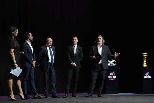 Barbara Pedrotti, Alberto Contador , Mauro Vegni , Vincenzo Nibali , Pierluigi Pardo during the Giro d& x2019;Italia and Giro d& x2019;Italia Women 2025 Presentation - Auditorium Parco della Musica Ennio Morricone in Rome, Italy - Monday , January 13, 2025. - Cycling  Copyright: xMassimoxPaolone LaPressex
