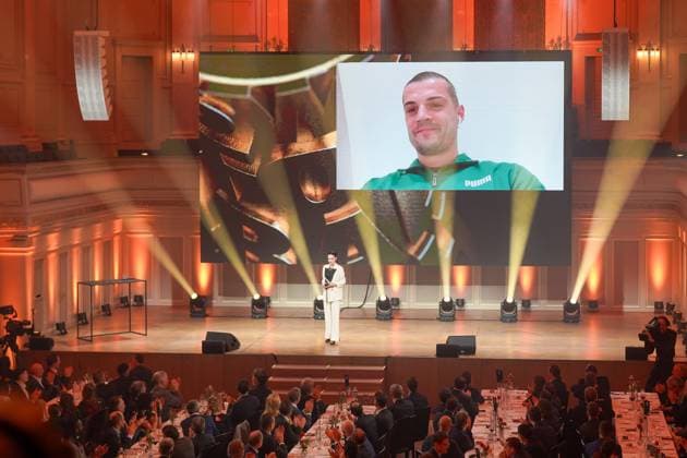 13 01 2025 Bern, Switzerland 4 Swiss Football Night 2025 Granit Xhaka Bayer Leverkusen nominated UBS for Male National Player 2024 wins the trophy for the third time and is broadcast live The award ceremony at Casino Bern, organized by the SFA and the SFL, honors the best Swiss footballers in seven categories Professional juries nominated, fans voted until 3 December Bern Switzerland Copyright: xJOERANxSTEINSIEKx