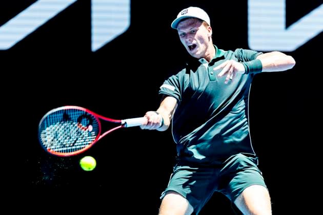 MELBOURNE, VIC - JANUARY 14: Jenson Brooksby of the United States of America in action during Round 1 of the 2025 Australian Open on January 14 2025, at Melbourne Park in Melbourne, Australia. (Photo by Jason Heidrich Icon Sportswire) TENNIS: JAN 14 Australian Open EDITORIAL USE ONLY Icon250114074