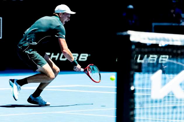 MELBOURNE, VIC - JANUARY 14: Jenson Brooksby of the United States of America in action during Round 1 of the 2025 Australian Open on January 14 2025, at Melbourne Park in Melbourne, Australia. (Photo by Jason Heidrich Icon Sportswire) TENNIS: JAN 14 Australian Open EDITORIAL USE ONLY Icon250114081