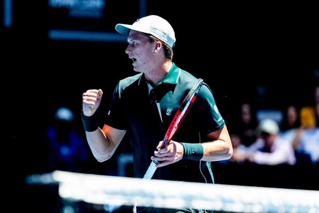 MELBOURNE, VIC - JANUARY 14: Jenson Brooksby of the United States of America celebrates during Round 1 of the 2025 Australian Open on January 14 2025, at Melbourne Park in Melbourne, Australia. (Photo by Jason Heidrich Icon Sportswire) TENNIS: JAN 14 Australian Open EDITORIAL USE ONLY Icon250114082