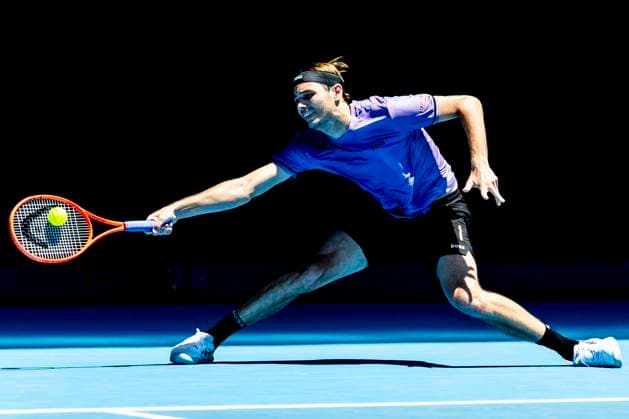 MELBOURNE, VIC - JANUARY 14: Taylor Fritz of the United States of America in action during Round 1 of the 2025 Australian Open on January 14 2025, at Melbourne Park in Melbourne, Australia. (Photo by Jason Heidrich Icon Sportswire) TENNIS: JAN 14 Australian Open EDITORIAL USE ONLY Icon250114093