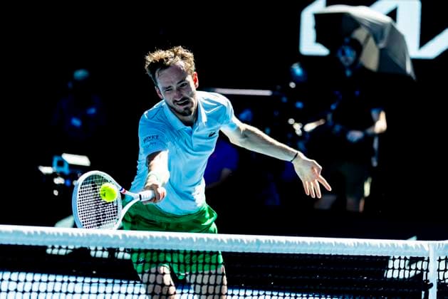 MELBOURNE, VIC - JANUARY 14: Daniil Medvedev of Russia in action during Round 1 of the 2025 Australian Open on January 14 2025, at Melbourne Park in Melbourne, Australia. (Photo by Jason Heidrich Icon Sportswire) TENNIS: JAN 14 Australian Open EDITORIAL USE ONLY Icon250114157