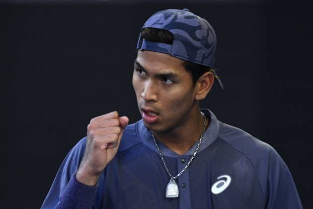 TENNIS AUSTRALIAN OPEN, Kasidit Samrej of Thailand reacts during his round 1 match against Daniil Medvedev of Russia during the 2025 Australian Open at Melbourne Park in Melbourne, Tuesday, January 14, 2025. ( NO ARCHIVING, EDITORIAL USE ONLY, NO USE IN BOOKS WITHOUT CONSENT MELBOURNE VICTORIA AUSTRALIA  Copyright: xJOELxCARRETTx 20250114198799257669