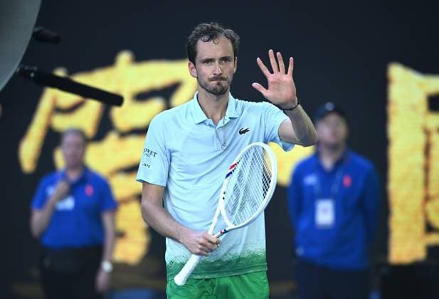 TENNIS AUSTRALIAN OPEN, Daniil Medvedev of Russia celebrates after winning his round 1 match against Kasidit Samrej of Thailand during the 2025 Australian Open at Melbourne Park in Melbourne, Tuesday, January 14, 2025. ( NO ARCHIVING, EDITORIAL USE ONLY, NO USE IN BOOKS WITHOUT CONSENT MELBOURNE VICTORIA AUSTRALIA  Copyright: xJOELxCARRETTx 20250114181126593900