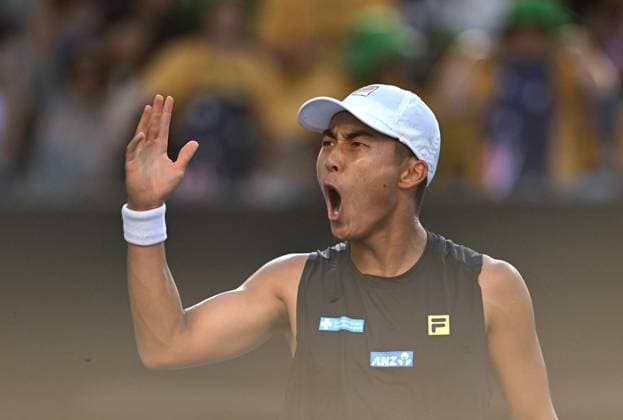 TENNIS AUSTRALIAN OPEN, Rinky Hijikata of Australia reacts during his round 1 match against Mitchell Kruger of USA during the 2025 Australian Open at Melbourne Park in Melbourne, Tuesday, January 14, 2025. ( NO ARCHIVING, EDITORIAL USE ONLY, NO USE IN BOOKS WITHOUT CONSENT MELBOURNE VICTORIA AUSTRALIA  Copyright: xLUKASxCOCHx 20250114139086246263