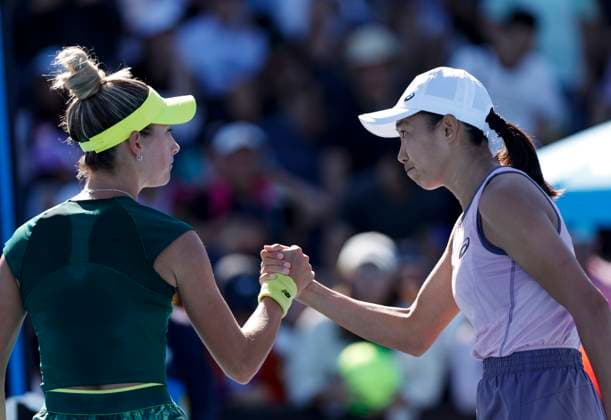 (250114) -- MELBOURNE, Jan. 14, 2025 -- Zhang Shuai (R) shakes hand with McCartney Kessler after the women s singles first round match between Zhang Shuai of China and McCartney Kessler of the United States at Australian Open tennis tournament in Melbourne, Australia, Jan. 14, 2025. ) (SP)AUSTRALIA-MELBOURNE-TENNIS-AUSTRALIAN OPEN-DAY 3 MaxPing 