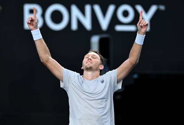 TENNIS AUSTRALIAN OPEN, Mitchell Kruger of USA celebrate winning his round 1 match against Rinky Hijikata of Australia during the 2025 Australian Open at Melbourne Park in Melbourne, Tuesday, January 14, 2025. ( NO ARCHIVING, EDITORIAL USE ONLY, NO USE IN BOOKS WITHOUT CONSENT MELBOURNE VICTORIA AUSTRALIA  Copyright: xLUKASxCOCHx 20250114141905589375
