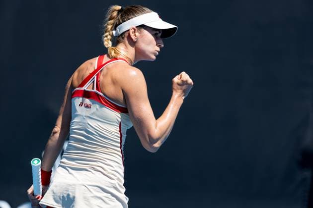 (250114) -- MELBOURNE, Jan. 14, 2025 -- Anna Bondar celebrates scoring during the women s singles first round match between Wang Yafan of China and Anna Bondar of Hungary at Australian Open tennis tournament in Melbourne, Australia, Jan. 14, 2025. (Photo by Xinhua) (SP)AUSTRALIA-MELBOURNE-TENNIS-AUSTRALIAN OPEN-DAY 3 HuxJingchen 