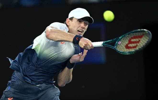TENNIS AUSTRALIAN OPEN, Alex De Minaur of Australia in action during his round 1 match against Botic Van de Zandschulp of the Netherlands during the 2025 Australian Open at Melbourne Park in Melbourne, Monday, January 13, 2025. ( NO ARCHIVING, EDITORIAL USE ONLY, NO USE IN BOOKS WITHOUT CONSENT MELBOURNE VICTORIA AUSTRALIA  Copyright: xJAMESxROSSx 20250114125107463254