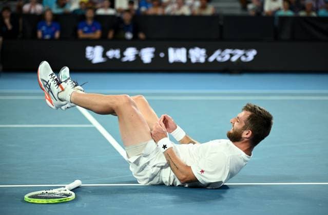 TENNIS AUSTRALIAN OPEN, Corentin Moutet of France falls during his round 1 match against Alexei Popyrin of Australia during the 2025 Australian Open at Melbourne Park in Melbourne, Tuesday, January 14, 2025. ( NO ARCHIVING, EDITORIAL USE ONLY, NO USE IN BOOKS WITHOUT CONSENT MELBOURNE VICTORIA AUSTRALIA  Copyright: xJOELxCARRETTx 20250114163926970180