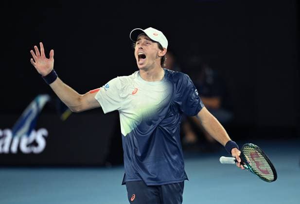 TENNIS AUSTRALIAN OPEN, Alex De Minaur of Australia celebrates winning his round 1 match against Botic Van de Zandschulp of the Netherlands during the 2025 Australian Open at Melbourne Park in Melbourne, Monday, January 13, 2025. ( NO ARCHIVING, EDITORIAL USE ONLY, NO USE IN BOOKS WITHOUT CONSENT MELBOURNE VICTORIA AUSTRALIA  Copyright: xJAMESxROSSx 20250114177415097715