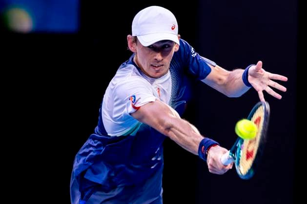 MELBOURNE, VIC - JANUARY 14: Alex de Minaur of Australia in action during Round 1 of the 2025 Australian Open on January 14 2025, at Melbourne Park in Melbourne, Australia. (Photo by Jason Heidrich Icon Sportswire) TENNIS: JAN 14 Australian Open EDITORIAL USE ONLY Icon250114185