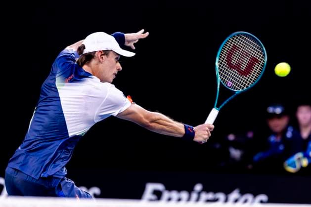 MELBOURNE, VIC - JANUARY 14: Alex de Minaur of Australia in action during Round 1 of the 2025 Australian Open on January 14 2025, at Melbourne Park in Melbourne, Australia. (Photo by Jason Heidrich Icon Sportswire) TENNIS: JAN 14 Australian Open EDITORIAL USE ONLY Icon250114188