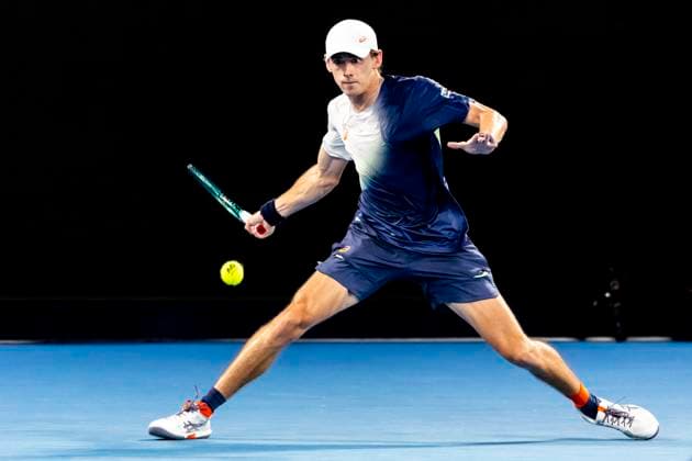 MELBOURNE, VIC - JANUARY 14: Alex de Minaur of Australia in action during Round 1 of the 2025 Australian Open on January 14 2025, at Melbourne Park in Melbourne, Australia. (Photo by Jason Heidrich Icon Sportswire) TENNIS: JAN 14 Australian Open EDITORIAL USE ONLY Icon250114207