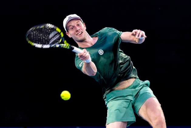 MELBOURNE, VIC - JANUARY 14: Botic van de Zandschulp of the Netherlands in action during Round 1 of the 2025 Australian Open on January 14 2025, at Melbourne Park in Melbourne, Australia. (Photo by Jason Heidrich Icon Sportswire) TENNIS: JAN 14 Australian Open EDITORIAL USE ONLY Icon250114221