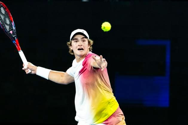 MELBOURNE, VIC - JANUARY 14: Joao Fonseca of Brazil in action during Round 1 of the 2025 Australian Open on January 14 2025, at Melbourne Park in Melbourne, Australia. (Photo by Jason Heidrich Icon Sportswire) TENNIS: JAN 14 Australian Open EDITORIAL USE ONLY Icon250114231