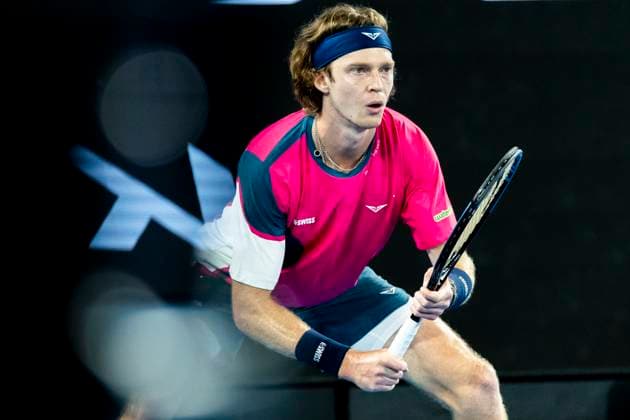 MELBOURNE, VIC - JANUARY 14: Andrey Rublev of Russia in action during Round 1 of the 2025 Australian Open on January 14 2025, at Melbourne Park in Melbourne, Australia. (Photo by Jason Heidrich Icon Sportswire) TENNIS: JAN 14 Australian Open EDITORIAL USE ONLY Icon250114242