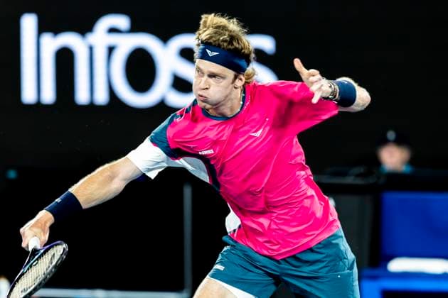 MELBOURNE, VIC - JANUARY 14: Andrey Rublev of Russia in action during Round 1 of the 2025 Australian Open on January 14 2025, at Melbourne Park in Melbourne, Australia. (Photo by Jason Heidrich Icon Sportswire) TENNIS: JAN 14 Australian Open EDITORIAL USE ONLY Icon250114248