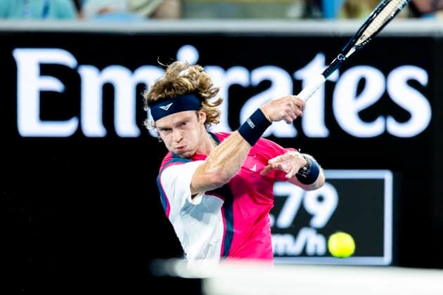 MELBOURNE, VIC - JANUARY 14: Andrey Rublev of Russia in action during Round 1 of the 2025 Australian Open on January 14 2025, at Melbourne Park in Melbourne, Australia. (Photo by Jason Heidrich Icon Sportswire) TENNIS: JAN 14 Australian Open EDITORIAL USE ONLY Icon250114254