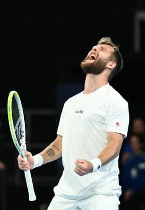 TENNIS AUSTRALIAN OPEN, Corentin Moutet of France reacts during his round 1 match against Alexei Popyrin of Australia during the 2025 Australian Open at Melbourne Park in Melbourne, Tuesday, January 14, 2025. ( NO ARCHIVING, EDITORIAL USE ONLY, NO USE IN BOOKS WITHOUT CONSENT MELBOURNE VICTORIA AUSTRALIA  Copyright: xJOELxCARRETTx 20250114162841773033