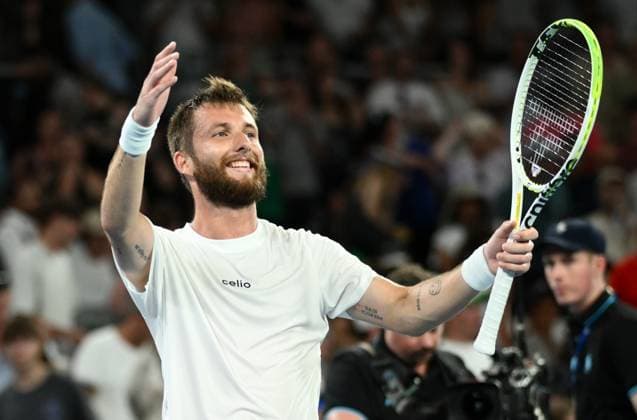 TENNIS AUSTRALIAN OPEN, Corentin Moutet of France reacts after winning his round 1 match against Alexei Popyrin of Australia during the 2025 Australian Open at Melbourne Park in Melbourne, Tuesday, January 14, 2025. ( NO ARCHIVING, EDITORIAL USE ONLY, NO USE IN BOOKS WITHOUT CONSENT MELBOURNE VICTORIA AUSTRALIA  Copyright: xJOELxCARRETTx 20250114191741757431