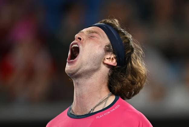 TENNIS AUSTRALIAN OPEN, Andrey Rublev of Russia reacts during his round 1 match against Joao Fonseca of Brazil during the 2025 Australian Open at Melbourne Park in Melbourne, Tuesday, January 14, 2025. ( NO ARCHIVING, EDITORIAL USE ONLY, NO USE IN BOOKS WITHOUT CONSENT MELBOURNE VICTORIA AUSTRALIA  Copyright: xLUKASxCOCHx 20250114116332386437