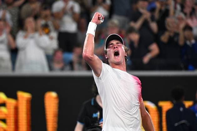 TENNIS AUSTRALIAN OPEN, Joao Fonseca of Brazil celebrates after winning his round 1 match against Andrey Rublev of Russia during the 2025 Australian Open at Melbourne Park in Melbourne, Tuesday, January 14, 2025. ( NO ARCHIVING, EDITORIAL USE ONLY, NO USE IN BOOKS WITHOUT CONSENT MELBOURNE VICTORIA AUSTRALIA  Copyright: xLUKASxCOCHx 20250114125021431835
