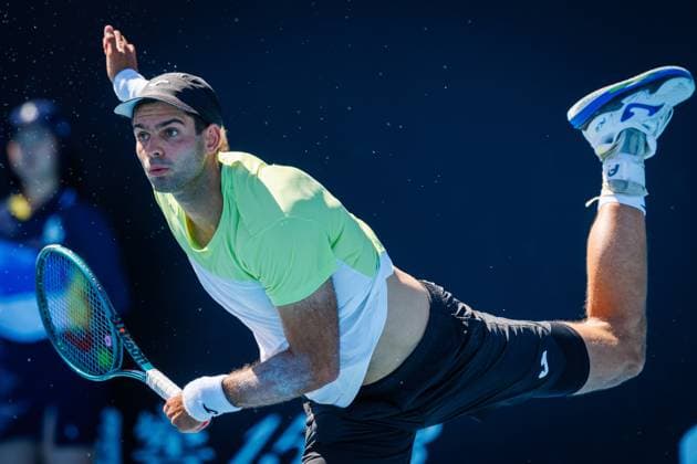 Argentina s Facundo Diaz Acosta pictured during a tennis match between Argentina s Diaz Acosta and Belgian Bergs, in the first round of the men s singles at the Australian Open Grand Slam tennis tournament, Tuesday 14 January 2025 in Melbourne Park, Melbourne, Australia. The 2025 edition of the Australian Grand Slam takes place from January 12th to January 26th. Bergs lost 6-7, 6-4, 1-6, 6-3, 6-4. PATRICKxHAMILTON  x110390542x