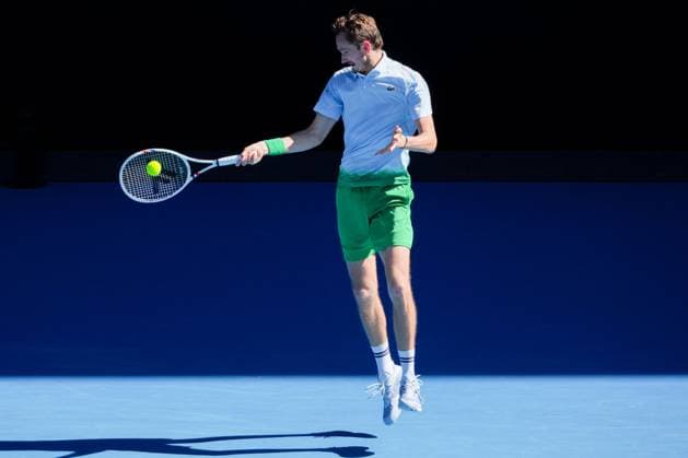 January 14, 2025: 5th seed DANIIL MEDVEDEV of the Russian Federation in action against KASIDIT SAMREJ of Thailand on Rod Laver Arena in a Men s Singles 1st round match on day 3 of the 2025 Australian Open in Melbourne, Australia. Cal Media Melbourne Australia - ZUMAc04_ 20250114_faf_c04_045 Copyright: xSydneyxLowx