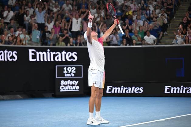 TENNIS AUSTRALIAN OPEN, Joao Fonseca of Brazil celebrates after winning his round 1 match against Andrey Rublev of Russia during the 2025 Australian Open at Melbourne Park in Melbourne, Tuesday, January 14, 2025. ( NO ARCHIVING, EDITORIAL USE ONLY, NO USE IN BOOKS WITHOUT CONSENT MELBOURNE VICTORIA AUSTRALIA  Copyright: xLUKASxCOCHx 20250115145277979566
