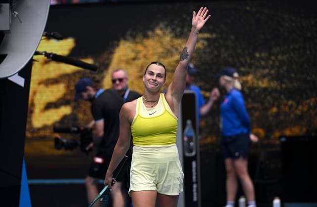 TENNIS AUSTRALIAN OPEN, Aryna Sabalenka of of Belarus celebrates after winning her round 2 match against Jessica Bouzas Maneiro of Spain during the 2025 Australian Open at Melbourne Park in Melbourne, Wednesday, January 15, 2025. ( NO ARCHIVING, EDITORIAL USE ONLY, NO USE IN BOOKS WITHOUT CONSENT MELBOURNE VICTORIA AUSTRALIA  Copyright: xJAMESxROSSx 20250115194301130584