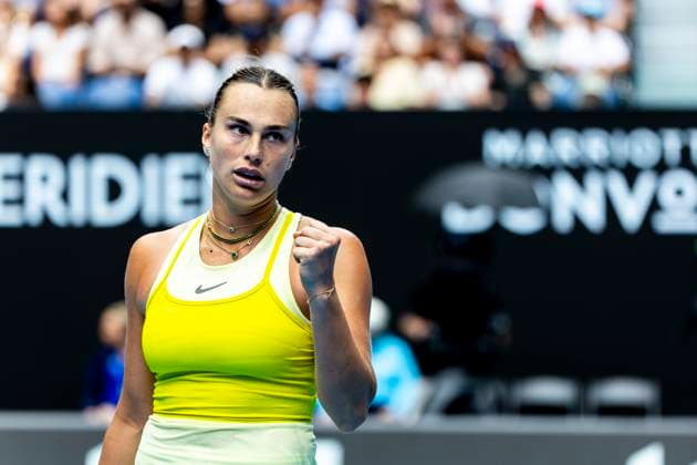 MELBOURNE, VIC - JANUARY 15: Aryna Sabalenka of Belarus celebrates during Round 2 of the 2025 Australian Open on January 15 2025, at Melbourne Park in Melbourne, Australia. (Photo by Jason Heidrich Icon Sportswire) TENNIS: JAN 15 Australian Open EDITORIAL USE ONLY Icon250115064