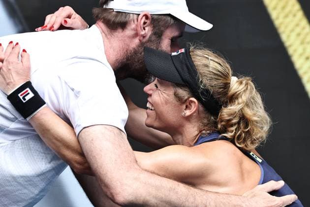 Laura Siegemund, GER, celebrating in the players box after second round of 2025 Australian Open in Melbourne, 15 01 2025