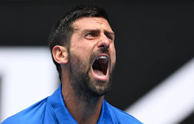 TENNIS AUSTRALIAN OPEN, Novak Djokovic of Serbia reacts during his round 2 match against Jaime Faria of Portugal during the 2025 Australian Open at Melbourne Park in Melbourne, Wednesday, January 15, 2025. ( NO ARCHIVING, EDITORIAL USE ONLY, NO USE IN BOOKS WITHOUT CONSENT MELBOURNE VICTORIA AUSTRALIA  Copyright: xLUKASxCOCHx 20250115145490601809