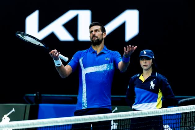 MELBOURNE, VIC - JANUARY 15: Novak Djokovic of Serbia shows his frustration during Round 2 of the 2025 Australian Open on January 15 2025, at Melbourne Park in Melbourne, Australia. (Photo by Jason Heidrich Icon Sportswire) TENNIS: JAN 15 Australian Open EDITORIAL USE ONLY Icon250115118
