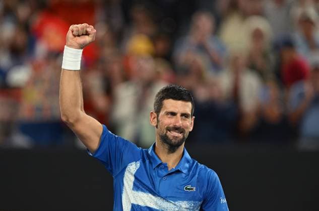 TENNIS AUSTRALIAN OPEN, Novak Djokovic of Serbia celebrates after winning his round 2 match against Jaime Faria of Portugal during the 2025 Australian Open at Melbourne Park in Melbourne, Wednesday, January 15, 2025. ( NO ARCHIVING, EDITORIAL USE ONLY, NO USE IN BOOKS WITHOUT CONSENT MELBOURNE VICTORIA AUSTRALIA  Copyright: xLUKASxCOCHx 20250115191317817296