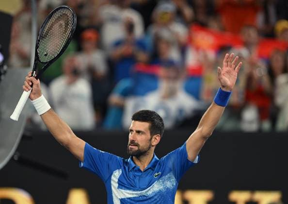 TENNIS AUSTRALIAN OPEN, Novak Djokovic of Serbia celebrates after winning his round 2 match against Jaime Faria of Portugal during the 2025 Australian Open at Melbourne Park in Melbourne, Wednesday, January 15, 2025. ( NO ARCHIVING, EDITORIAL USE ONLY, NO USE IN BOOKS WITHOUT CONSENT MELBOURNE VICTORIA AUSTRALIA  Copyright: xLUKASxCOCHx 20250115120373921764