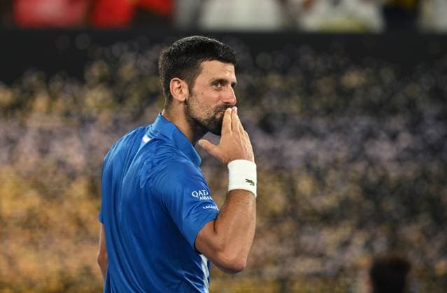 TENNIS AUSTRALIAN OPEN, Novak Djokovic of Serbia celebrates after winning his round 2 match against Jaime Faria of Portugal during the 2025 Australian Open at Melbourne Park in Melbourne, Wednesday, January 15, 2025. ( NO ARCHIVING, EDITORIAL USE ONLY, NO USE IN BOOKS WITHOUT CONSENT MELBOURNE VICTORIA AUSTRALIA  Copyright: xLUKASxCOCHx 20250115172422307568