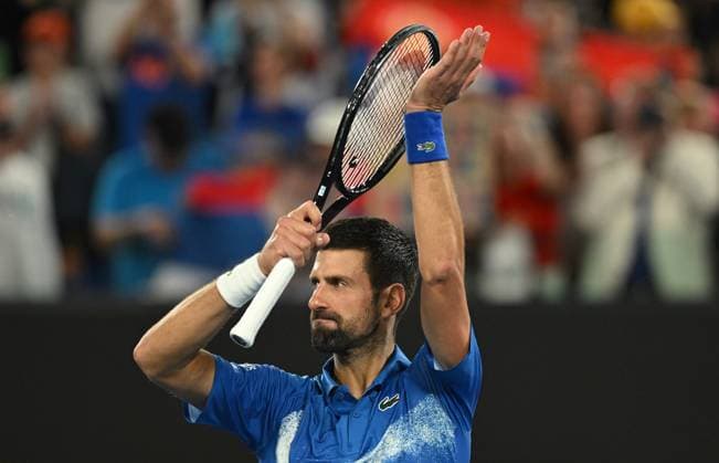 TENNIS AUSTRALIAN OPEN, Novak Djokovic of Serbia celebrates after winning his round 2 match against Jaime Faria of Portugal during the 2025 Australian Open at Melbourne Park in Melbourne, Wednesday, January 15, 2025. ( NO ARCHIVING, EDITORIAL USE ONLY, NO USE IN BOOKS WITHOUT CONSENT MELBOURNE VICTORIA AUSTRALIA  Copyright: xLUKASxCOCHx 20250115124328001746