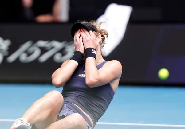(250115) -- MELBOURNE, Jan. 15, 2025 -- Laura Siegemund celebrates after winning the women s singles 2nd round match between Zheng Qinwen of China and Laura Siegemund of Germany at Australian Open tennis tournament in Melbourne, Australia, Jan. 15, 2025. ) (SP)AUSTRALIA-MELBOURNE-TENNIS-AUSTRALIAN OPEN-DAY 4 MaxPing 