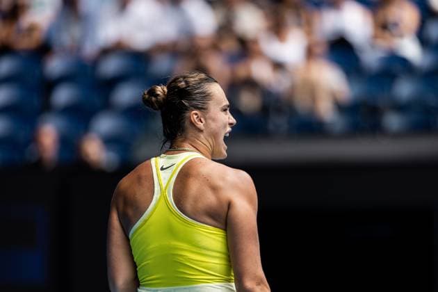 (250115) -- MELBOURNE, Jan. 15, 2025 -- Aryna Sabalenka celebrates a point during the women s singles 2nd round match between Aryna Sabalenka of Belarus and Jessica Bouzas Maneiro of Spain at Australian Open tennis tournament in Melbourne, Australia, Jan. 15, 2025. (Photo by Xinhua) (SP)AUSTRALIA-MELBOURNE-TENNIS-AUSTRALIAN OPEN-DAY 4 HuxJingchen 
