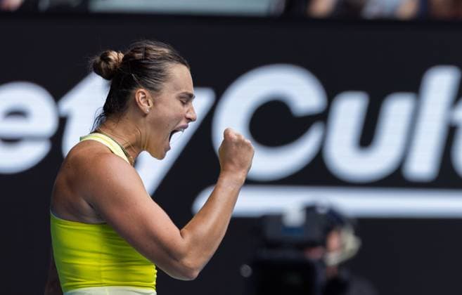 (250115) -- MELBOURNE, Jan. 15, 2025 -- Aryna Sabalenka celebrates a point during the women s singles 2nd round match between Aryna Sabalenka of Belarus and Jessica Bouzas Maneiro of Spain at Australian Open tennis tournament in Melbourne, Australia, Jan. 15, 2025. (Photo by Xinhua) (SP)AUSTRALIA-MELBOURNE-TENNIS-AUSTRALIAN OPEN-DAY 4 HuxJingchen 